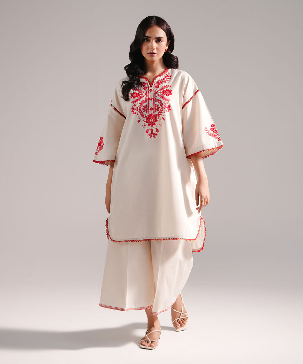 Women's RTW Zari Lawn Embroidered Beige Drop Shoulder Shirt