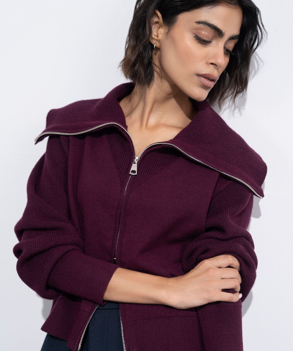 Women's Western Wear Maroon Zip-Up Knit Sweater