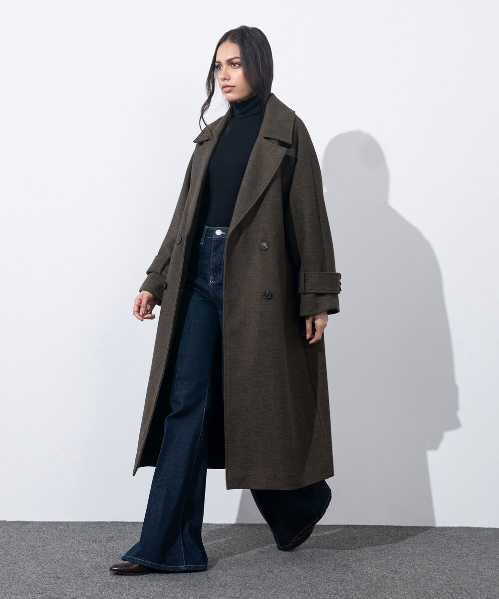 Women's Western Wear Green Melange Double Breasted Tweed Coat