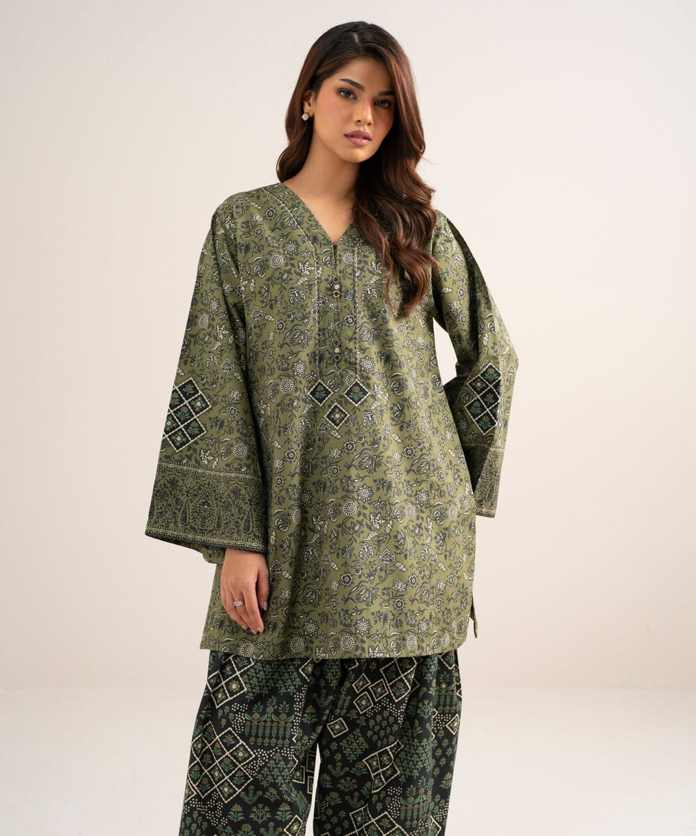 Women's Unstitched Cotton Printed Green 2 Piece Suit