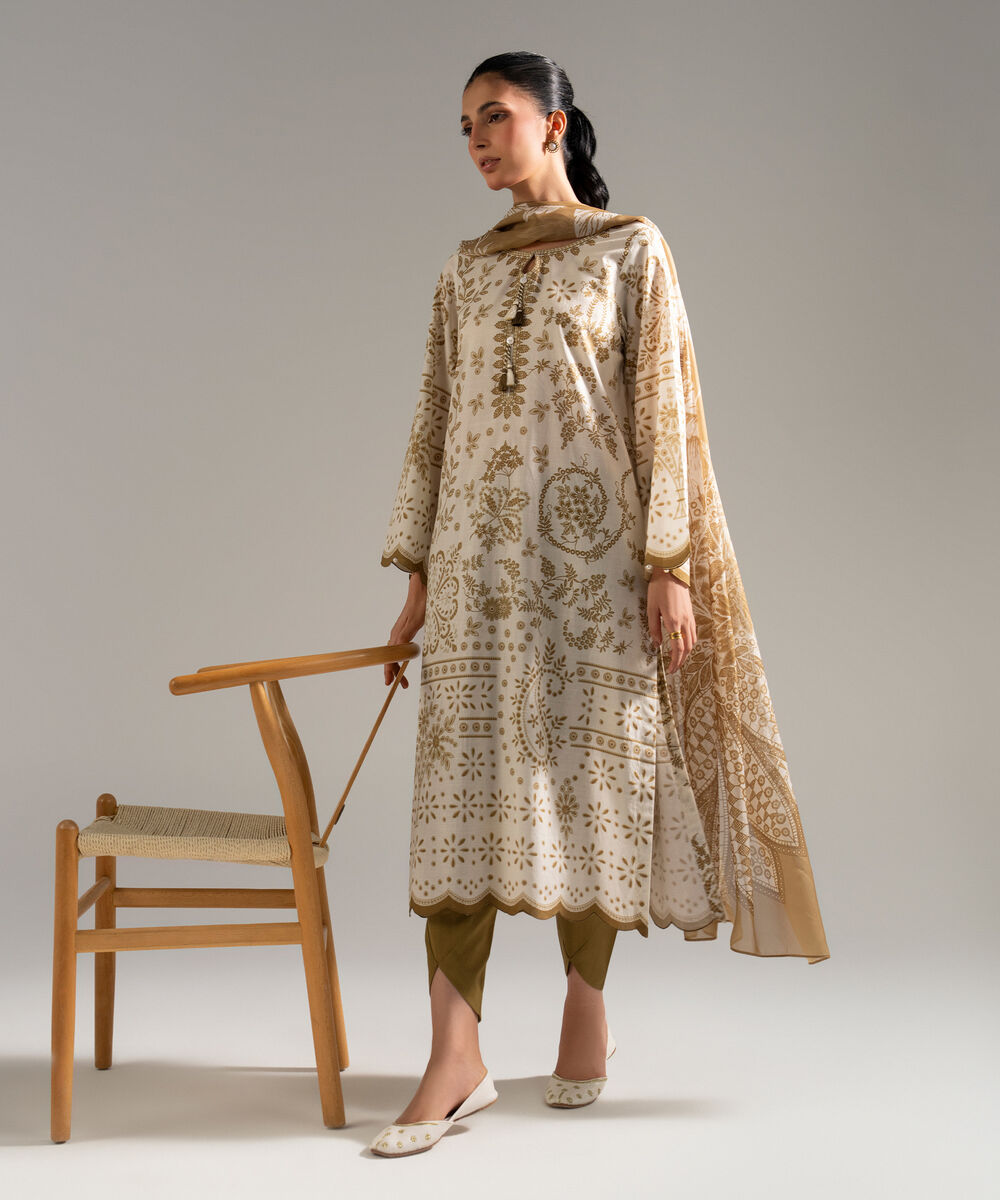 Women's RTW Slub Lawn Printed Off White 3 Piece Suit