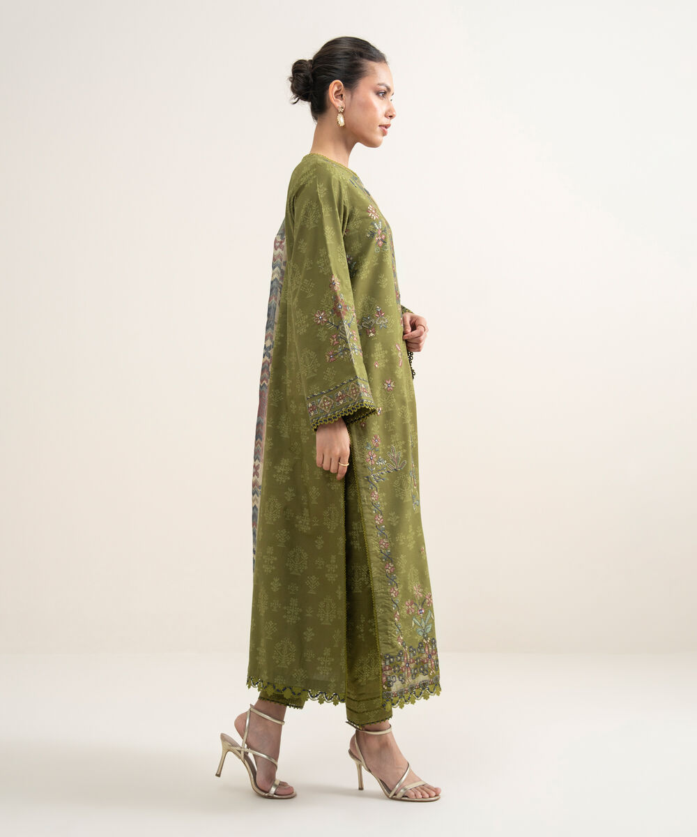 Women's Unstitched Lawn Embroidered Olive Green 3 Piece Suit