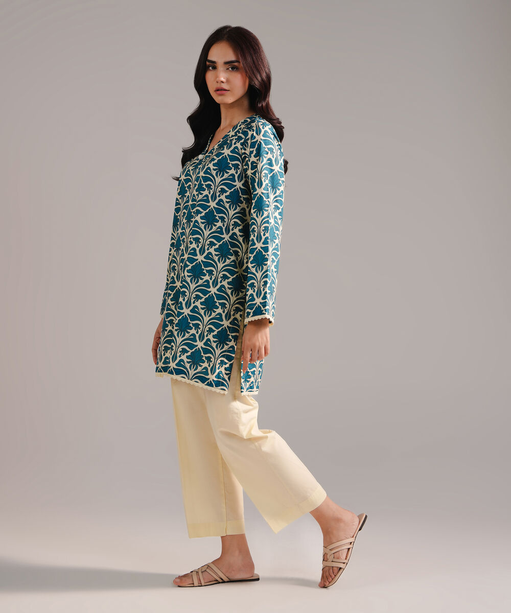 Women's RTW Cambric Printed Cream  2 Piece Suit