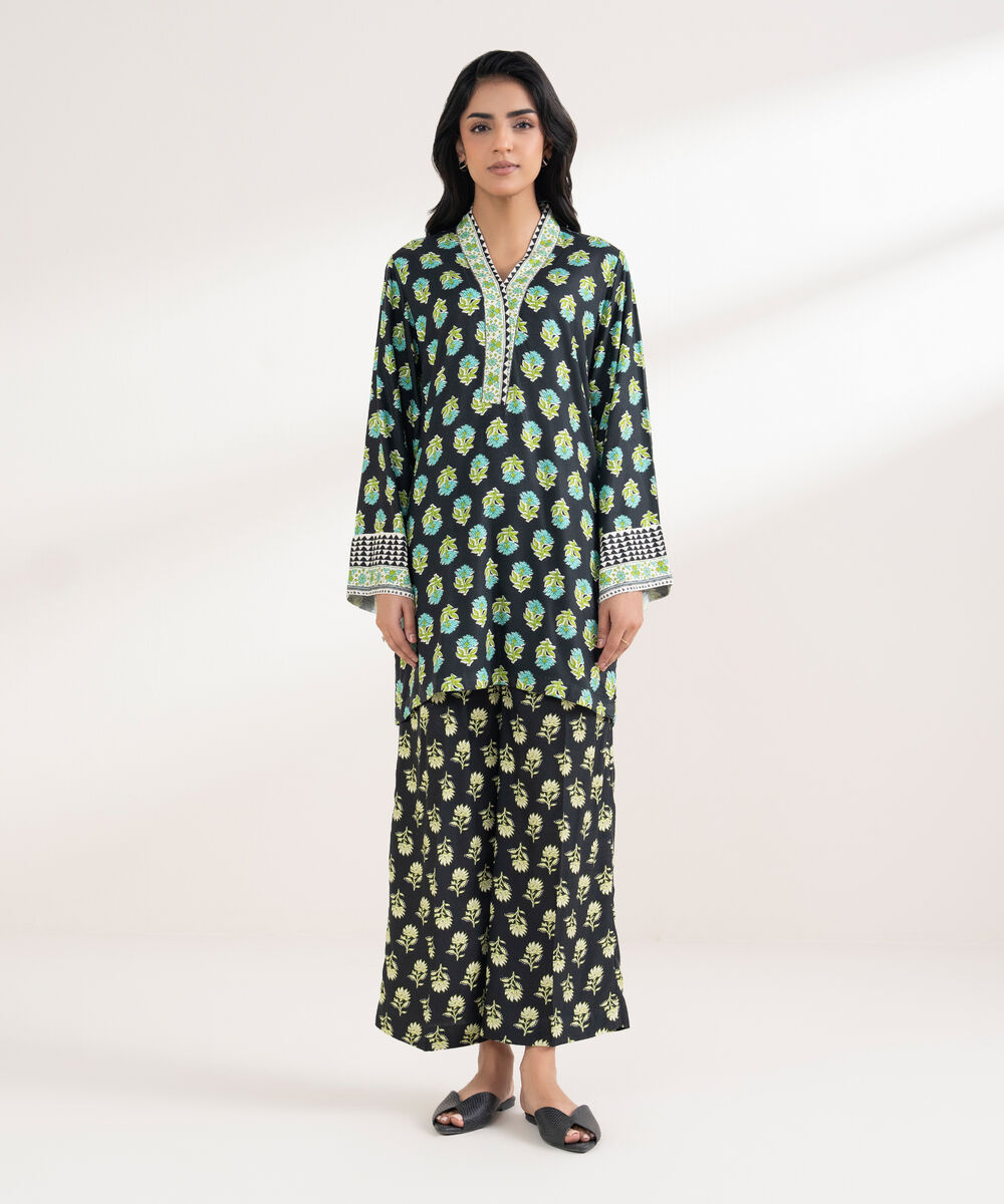 Women's RTW Arabic Dobby Printed Straight Black Shirt