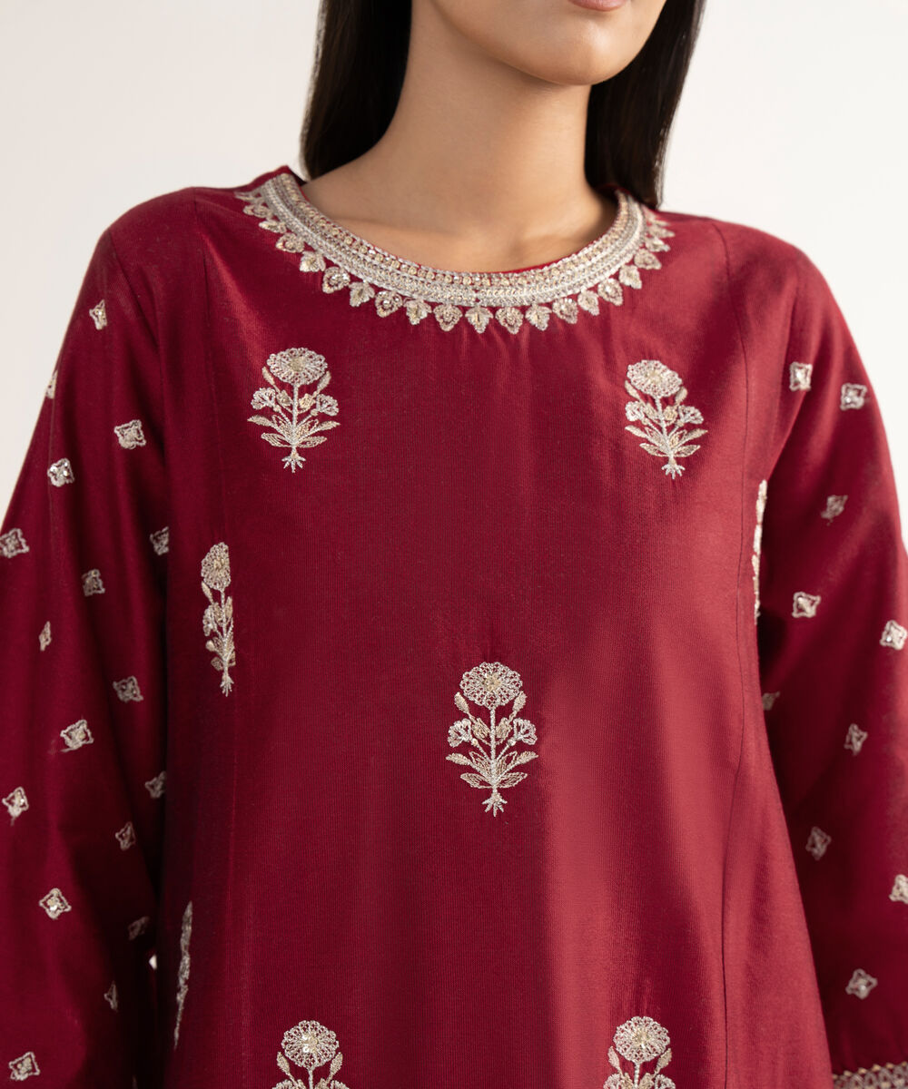 Women's RTW Silk Cotton Net Red Embroidered 3 Piece Suit