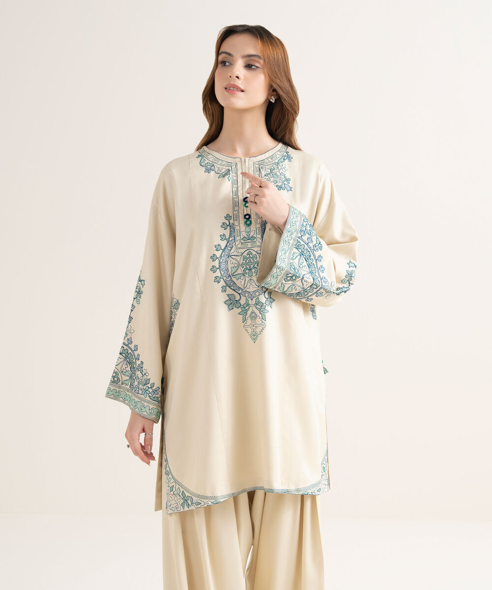 Women's RTW Viscose Marina Embroidered Boxy Off White Shirt