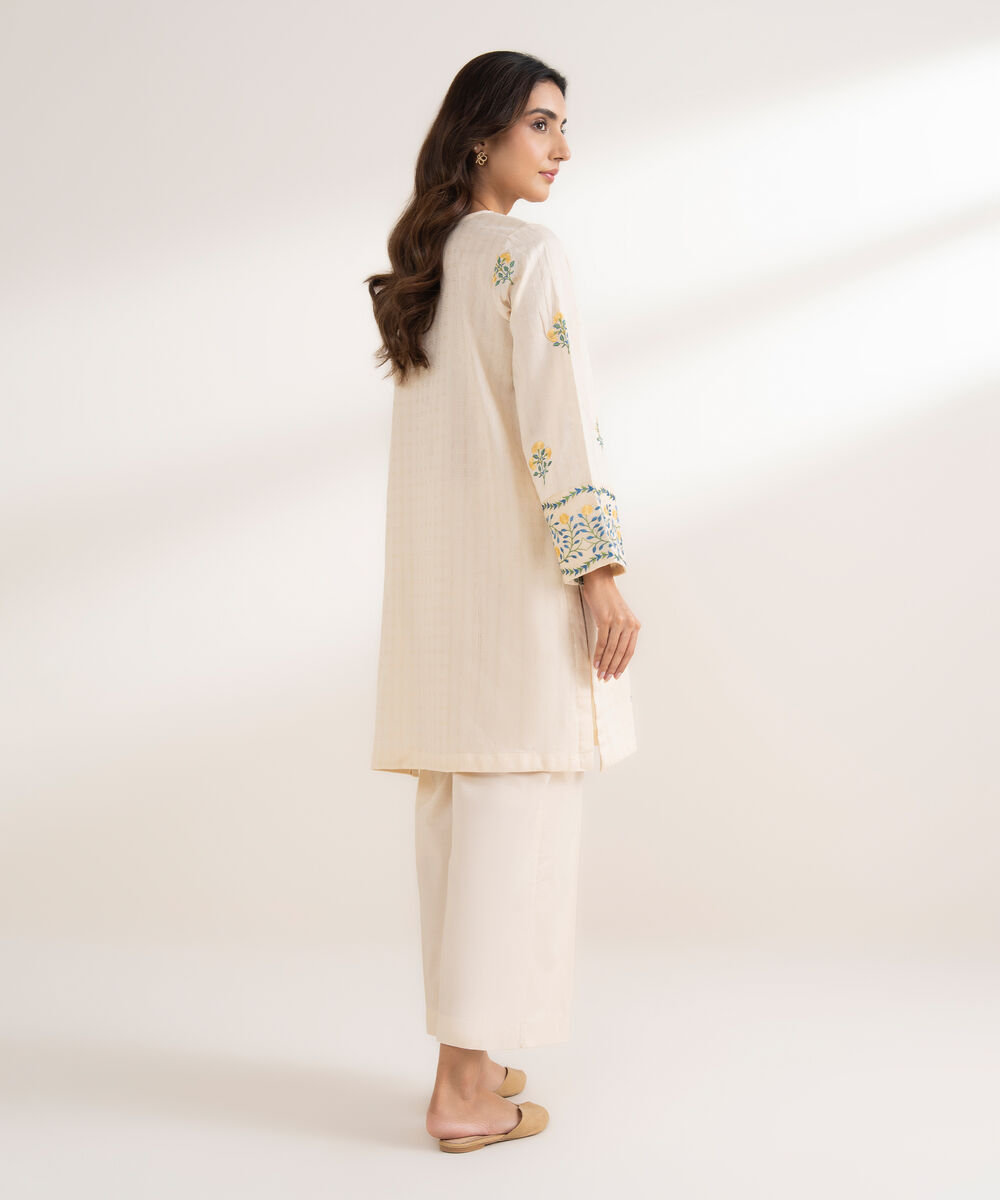 Women's RTW Textured Cotton Embroidered Straight Off White Shirt