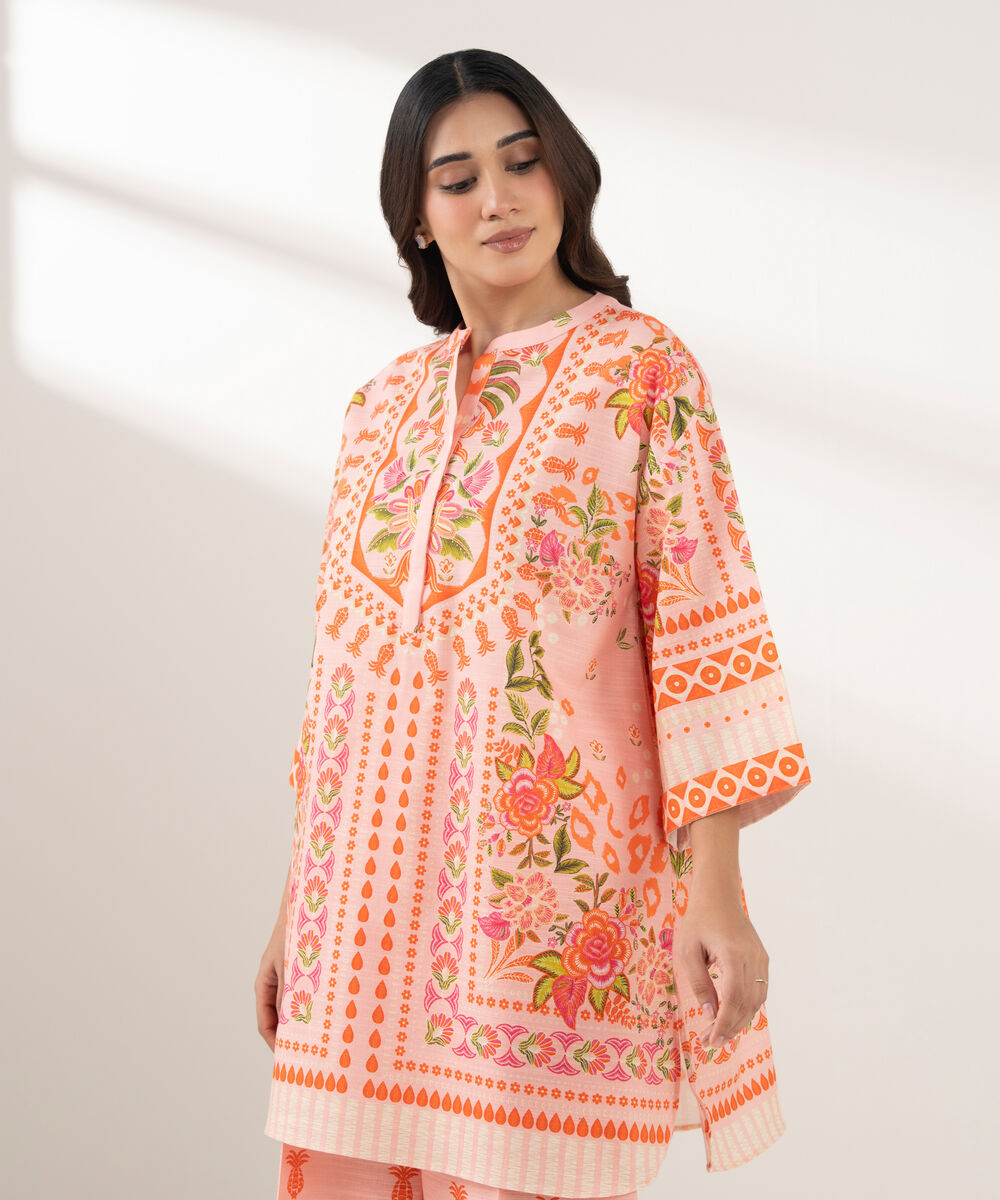 Women's RTW Light Khaddar Printed Straight Orange Shirt