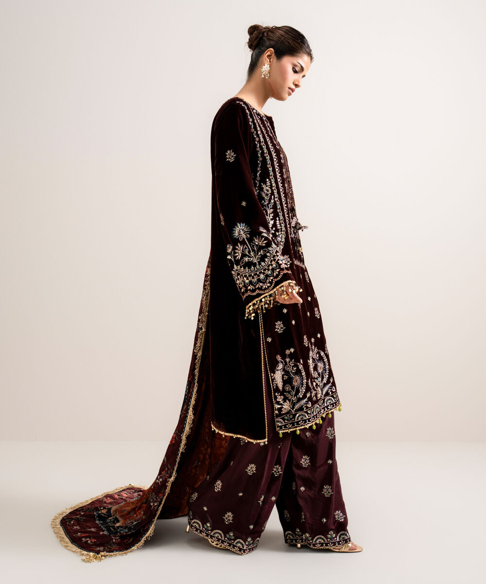 Women's Unstitched Embroidered Velvet Red 3 Piece Suit