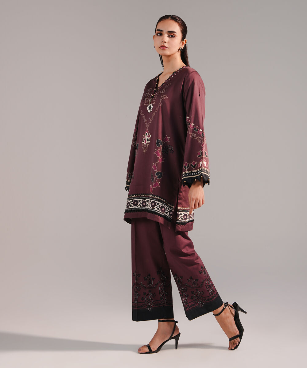 Women's RTW Cotton Satin Printed Brown Straight Shirt