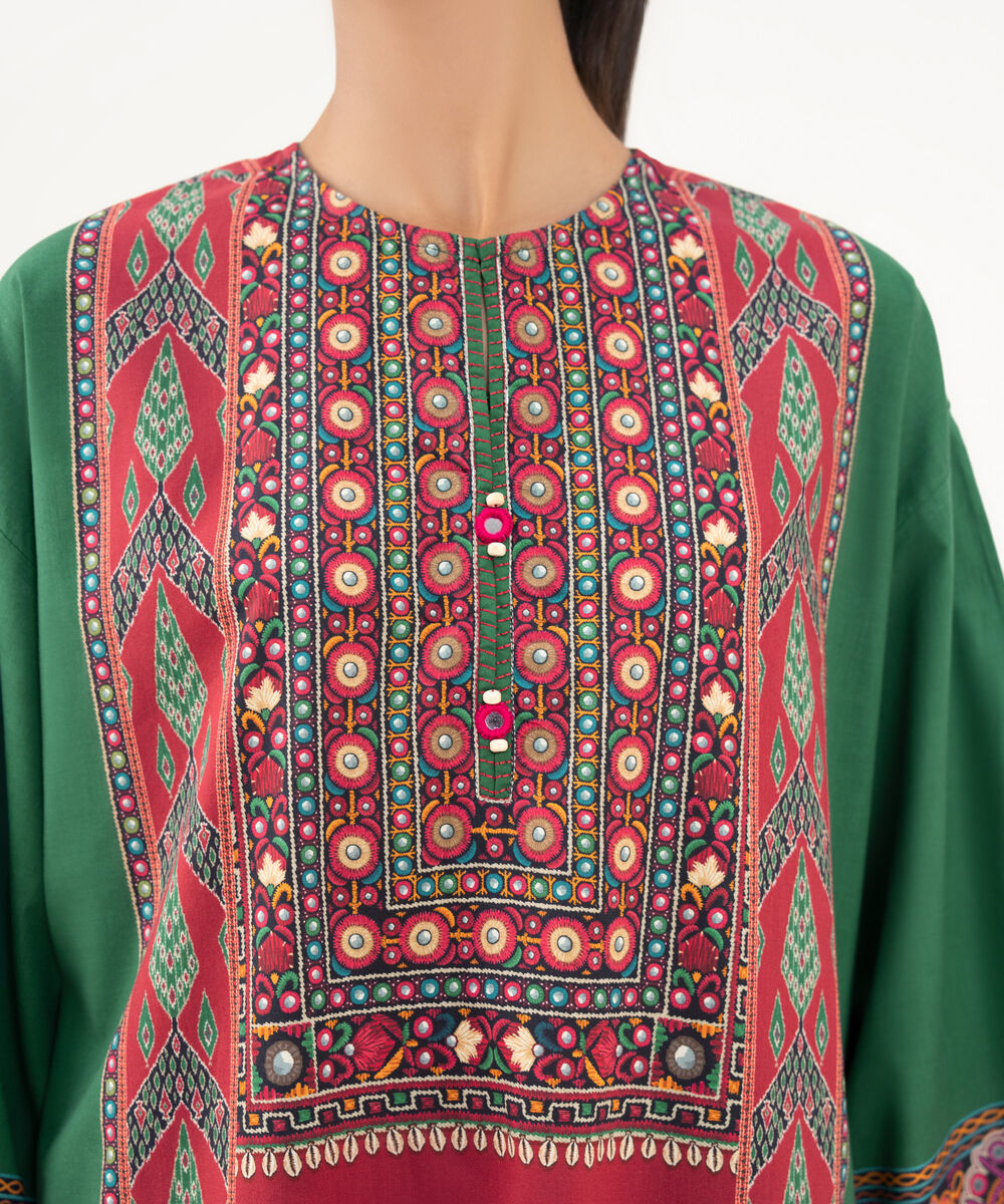 Women's RTW Cambric Green Printed A-Line Shirt