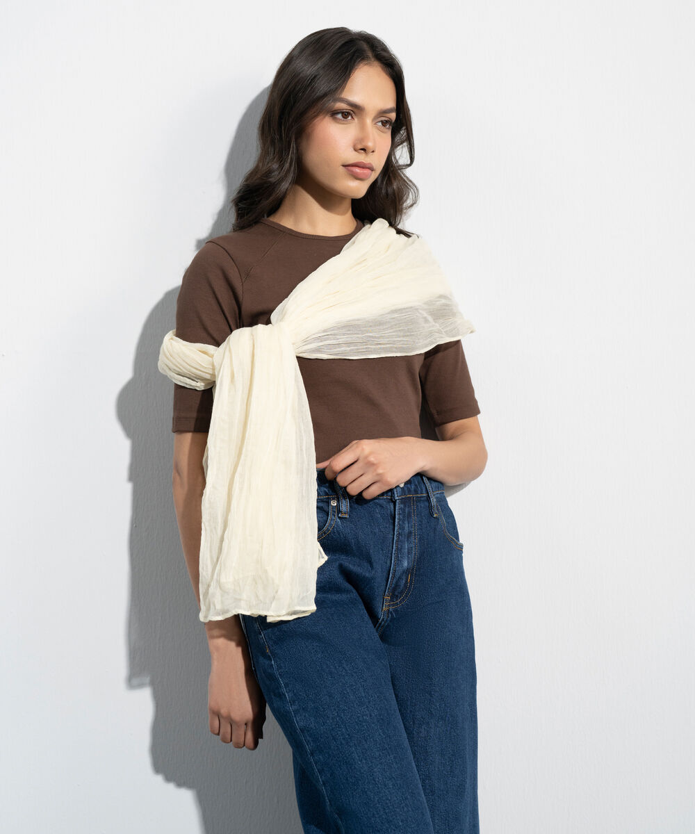 Women's Western Off White Textured Rectangular Scarf