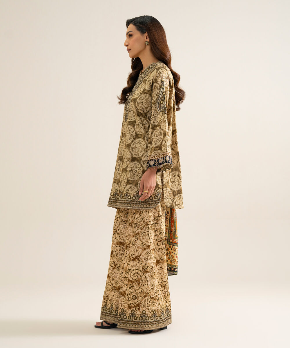 Women's Unstitched Linen Printed Beige 3 Piece Suit