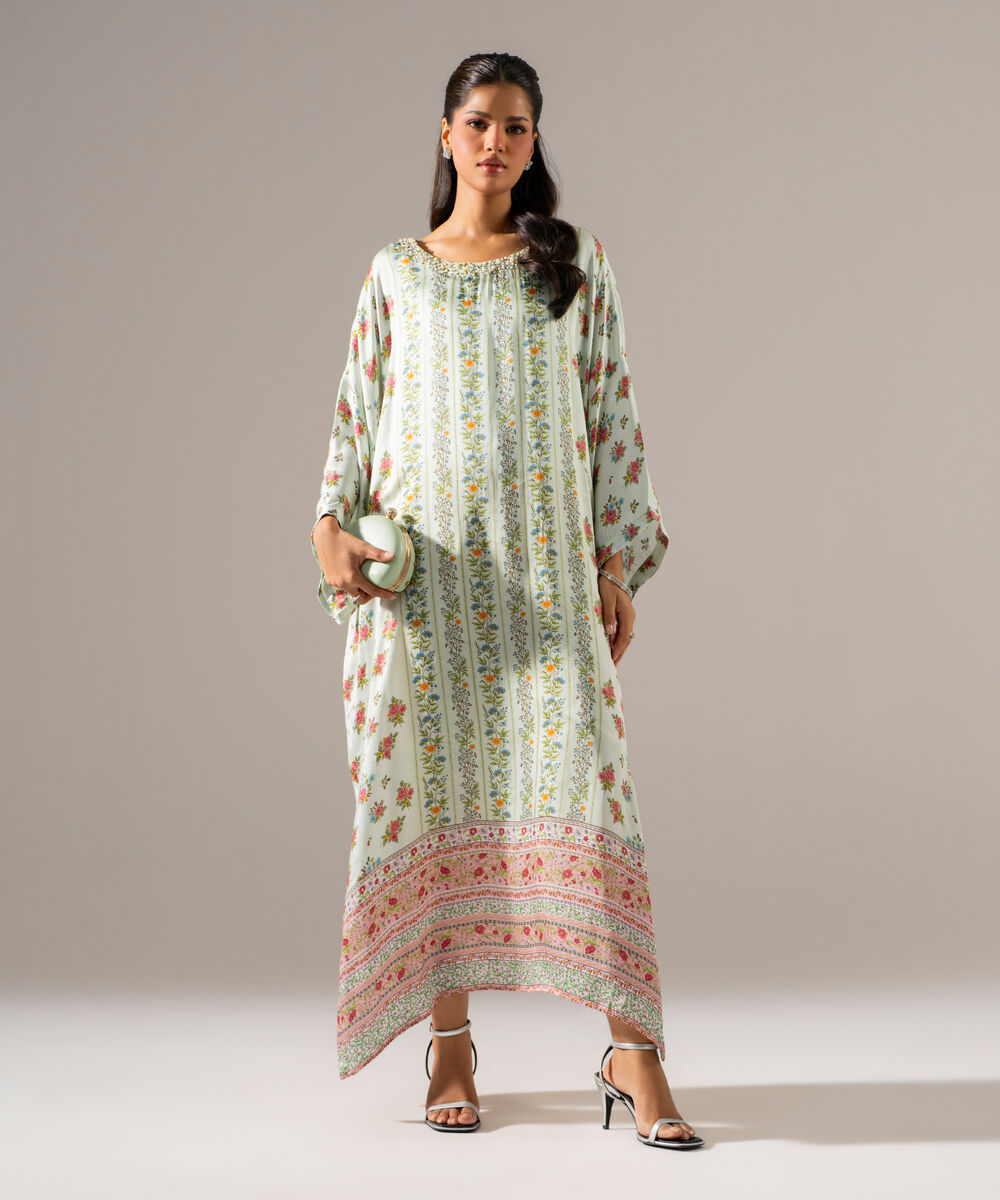Women's RTW White Featheer Chamoz Printed Green Kaftan