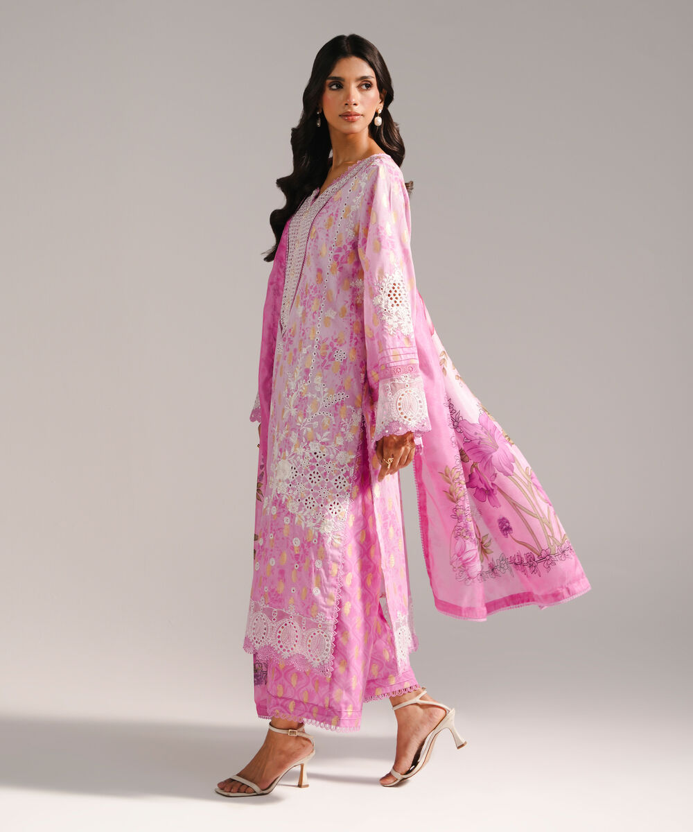 Women's RTW Self Jacquard Embroidered Pink 3 Piece Suit