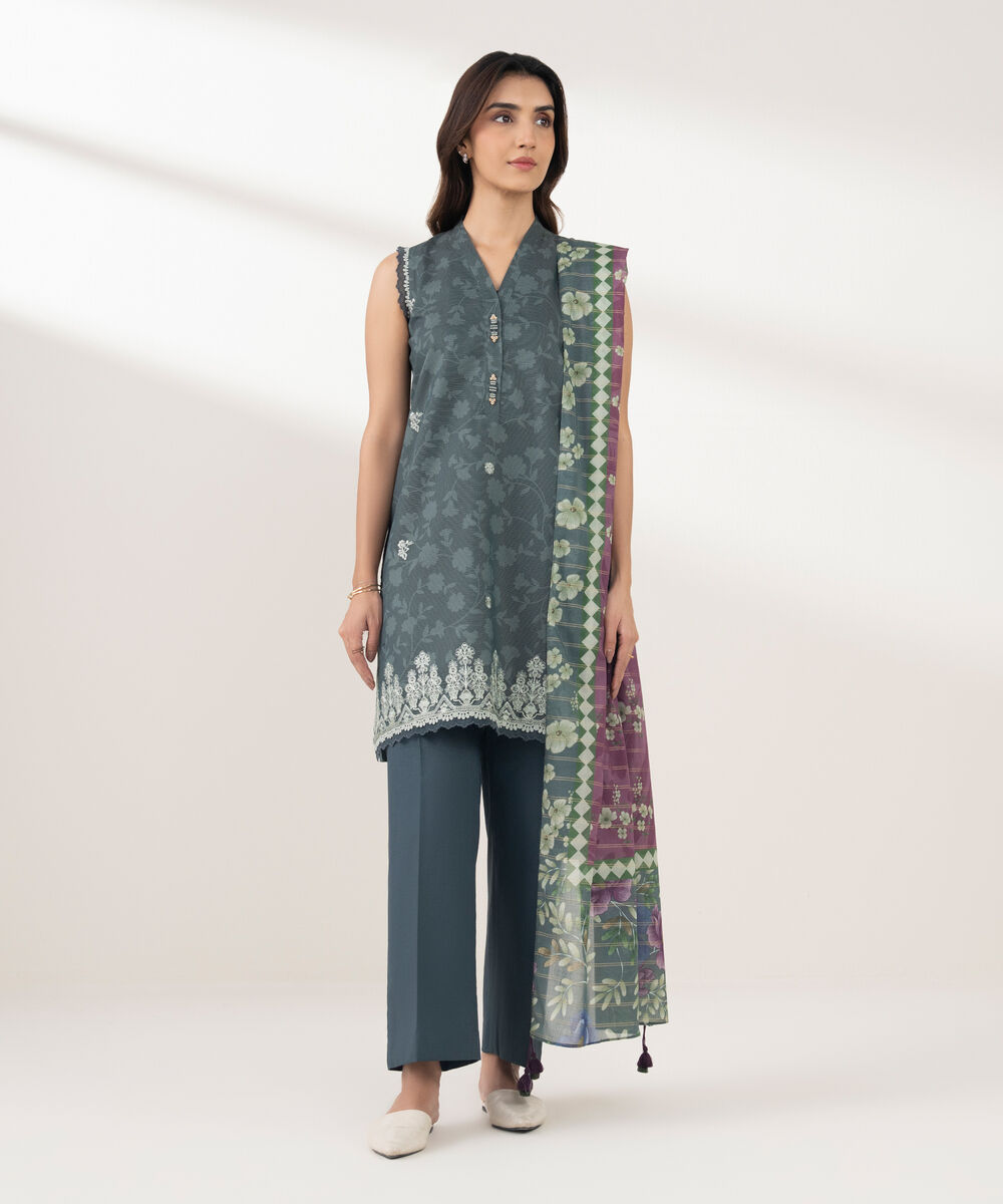 Women's Unstitched Zari Lawn Embroidered Grey 3 Piece Suit