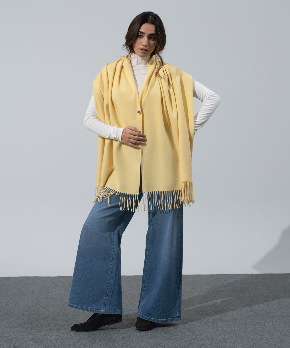 Women's Western Wear Yellow Polyester Solid Woolen Scarf