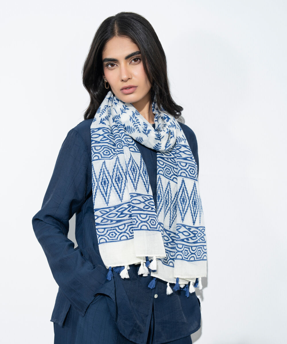 Women's Western White Printed Rectangular Scarf