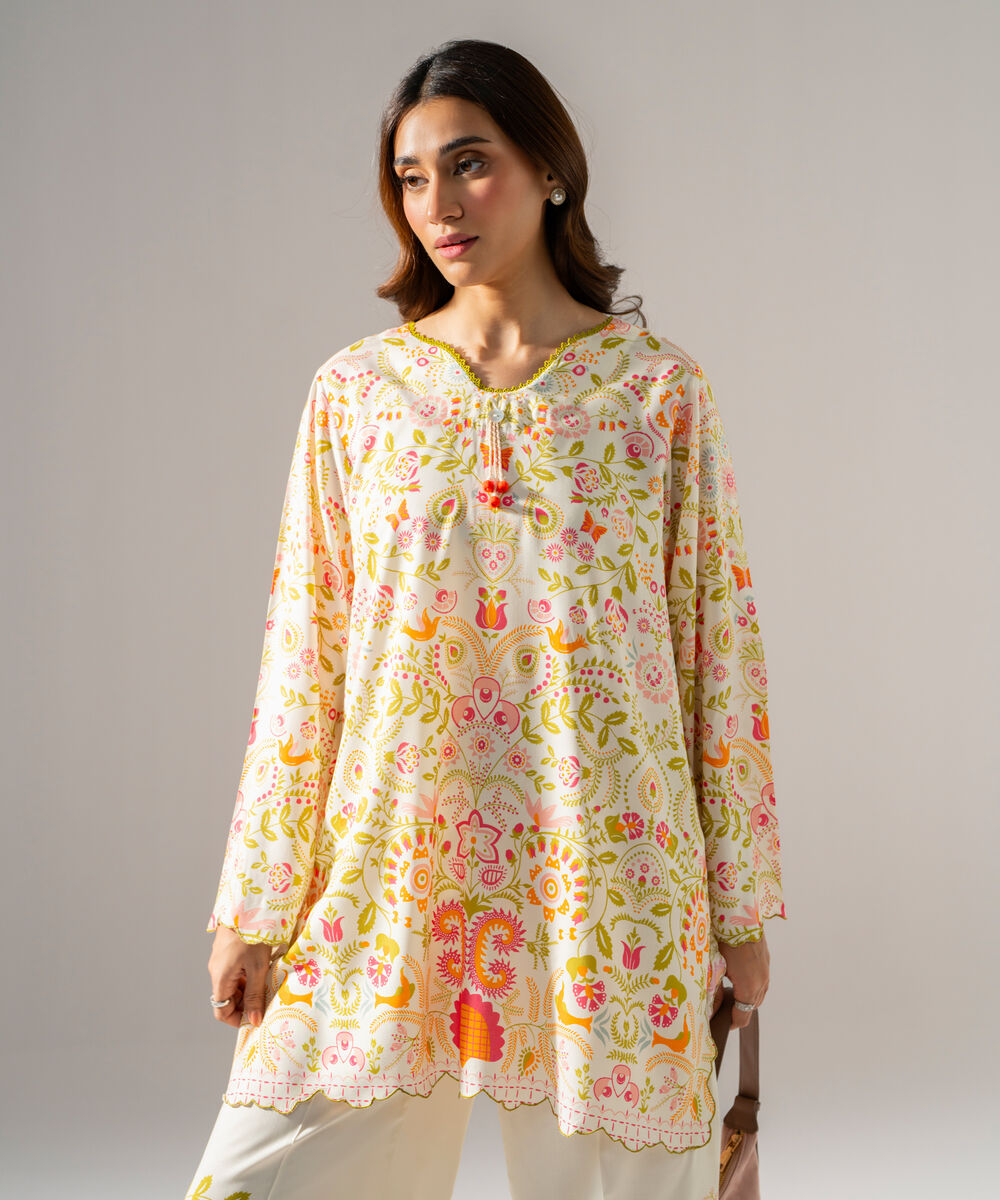 Women's RTW Arabic Lawn Printed Off White Straight Shirt
