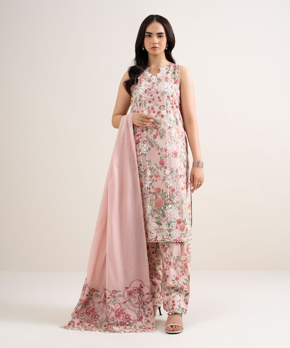 Women's Unstitched Lawn Embroidered Pink 3 Piece Suit