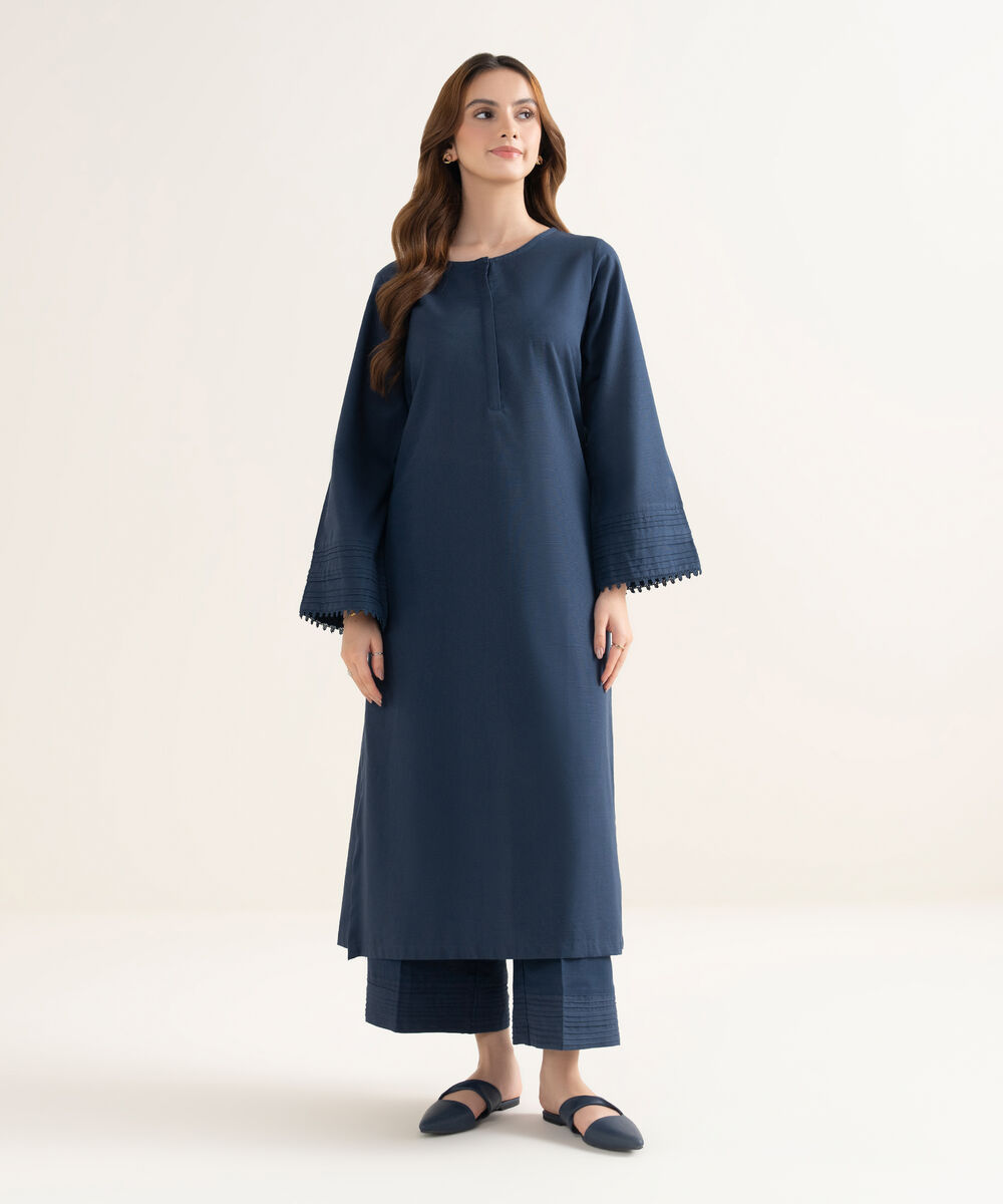 Women's RTW Textured Cotton Solid A-Line Blue Shirt