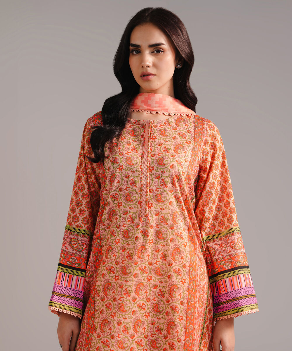Women's RTW Lawn Printed Peach 3 Piece Suit