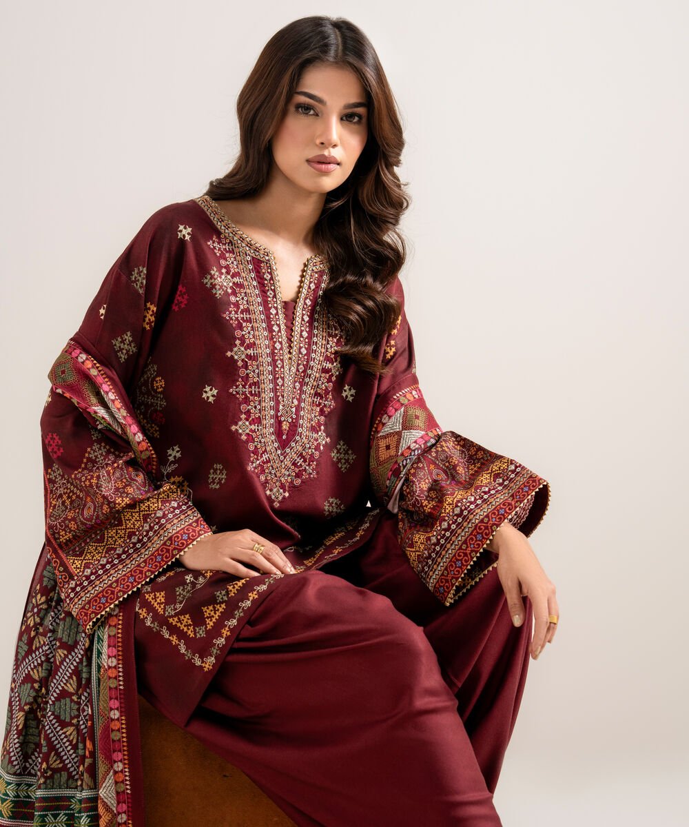 Women's Unstitched Printed Linen Maroon 3 Piece Suit