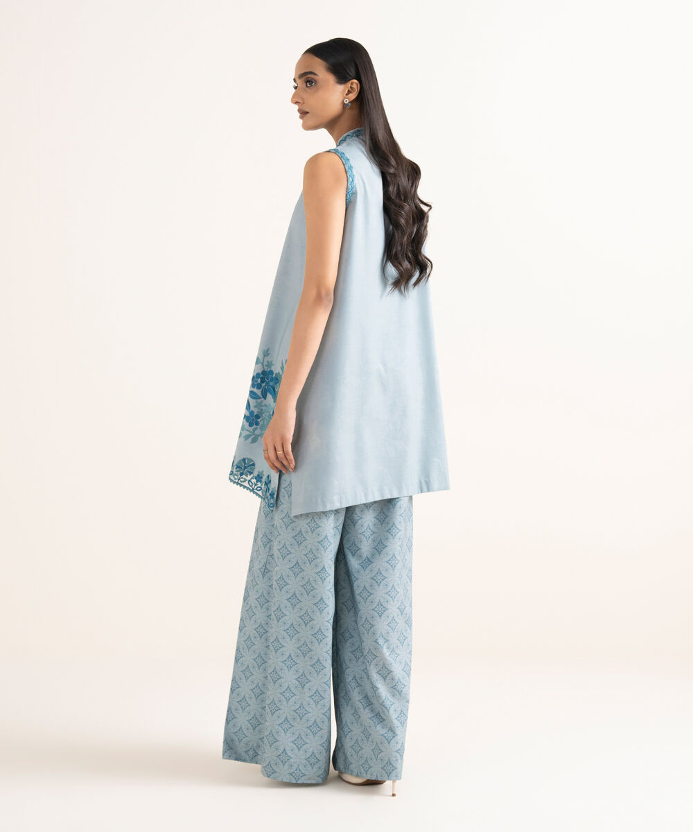 Women's Unstitched Linen Embroidered Blue 2 Piece Suit