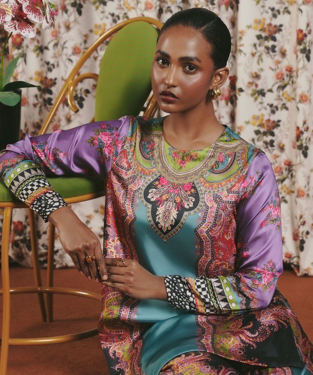 2 Piece - Printed Silk Suit Women's RTW Blended Satin Printed Turqouise 2 Piece Suit