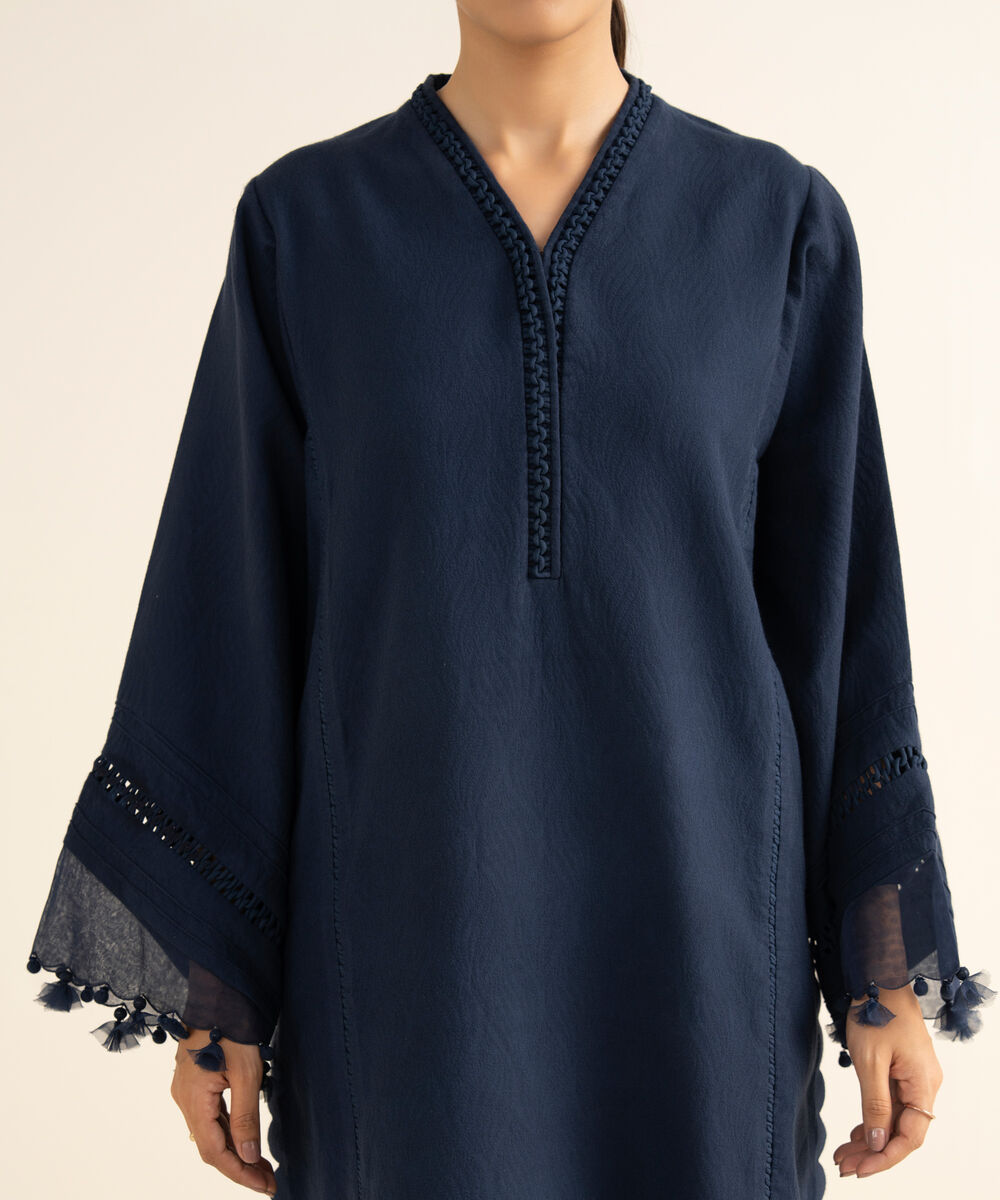 Women's Unstitched Cotton Jacquard Embroidered Blue 3 Piece Suit