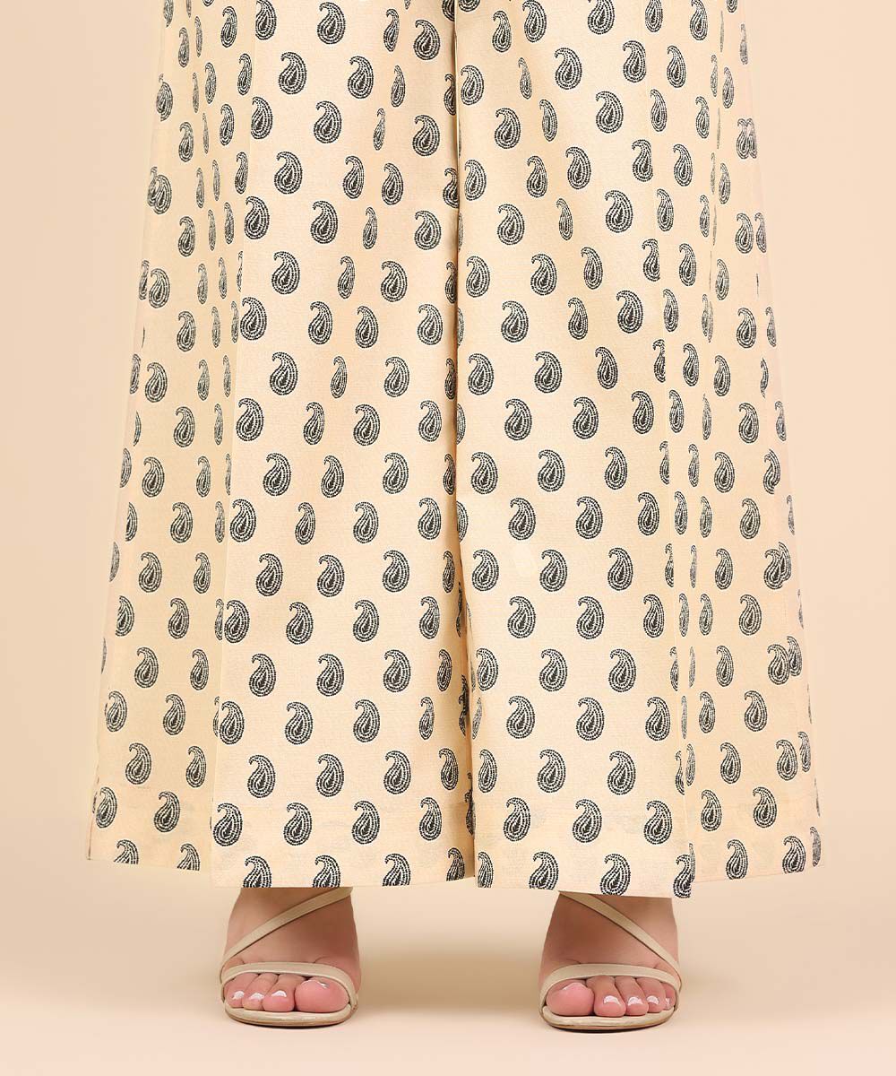 Women's Pret Cambric Beige Printed Flared Pants