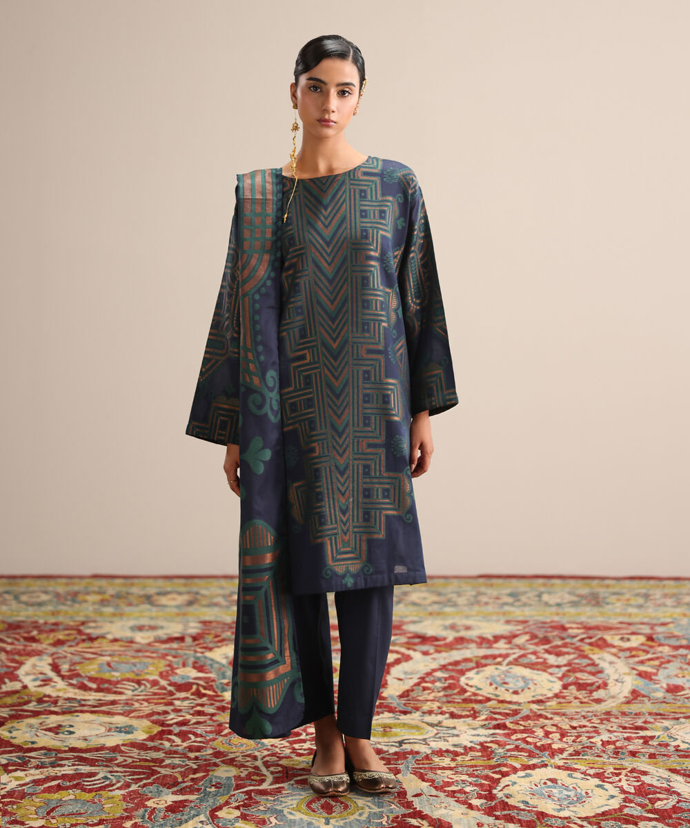 Women's RTW Extra Weft Jacquard Blue Solid Drop Shoulder Shirt