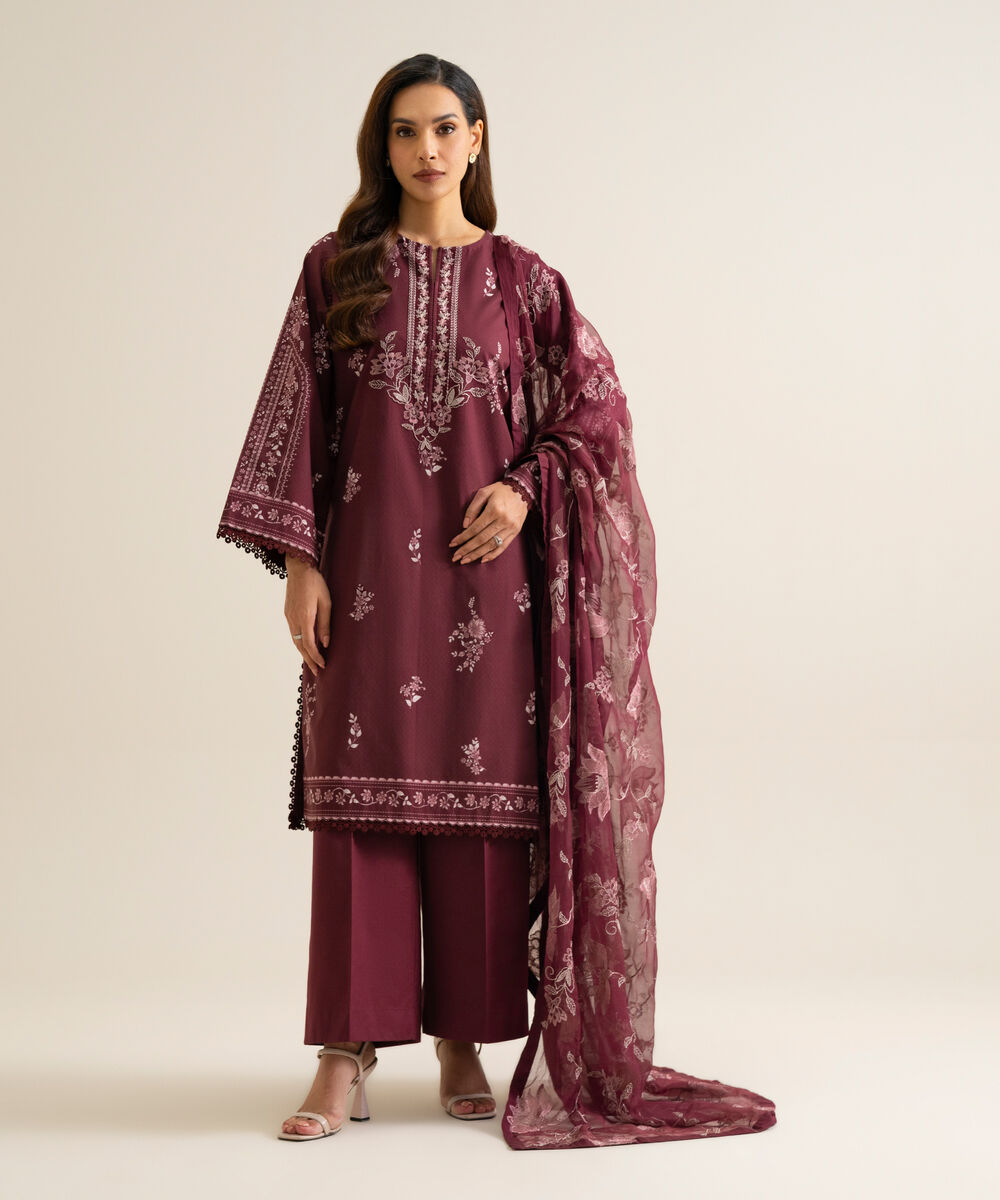Women's Unstitched Blended Chiffon Printed Maroon 3 Piece Suit