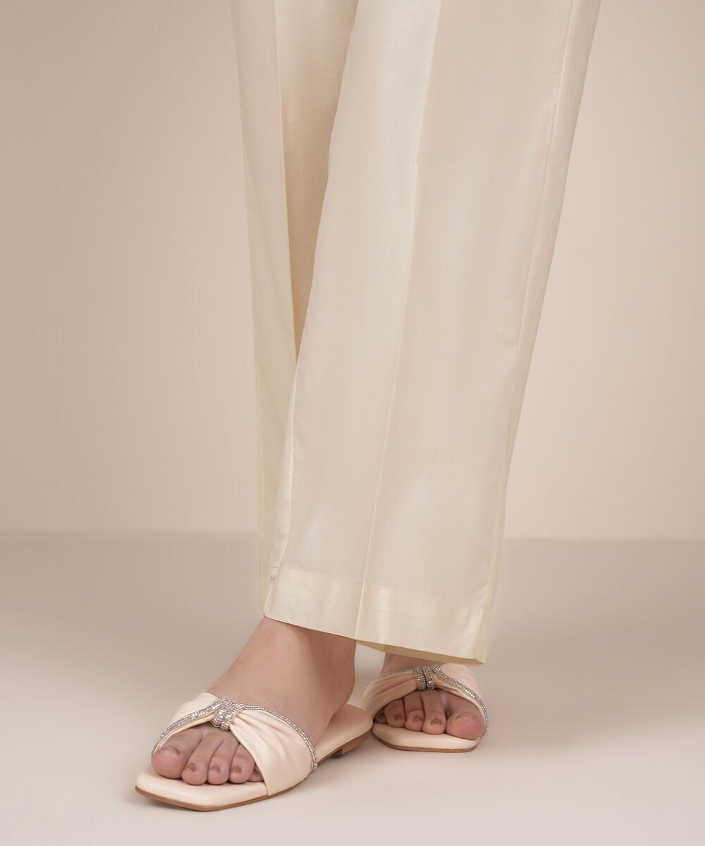 Women's RTW Cambric Beige Solid Straight Pants