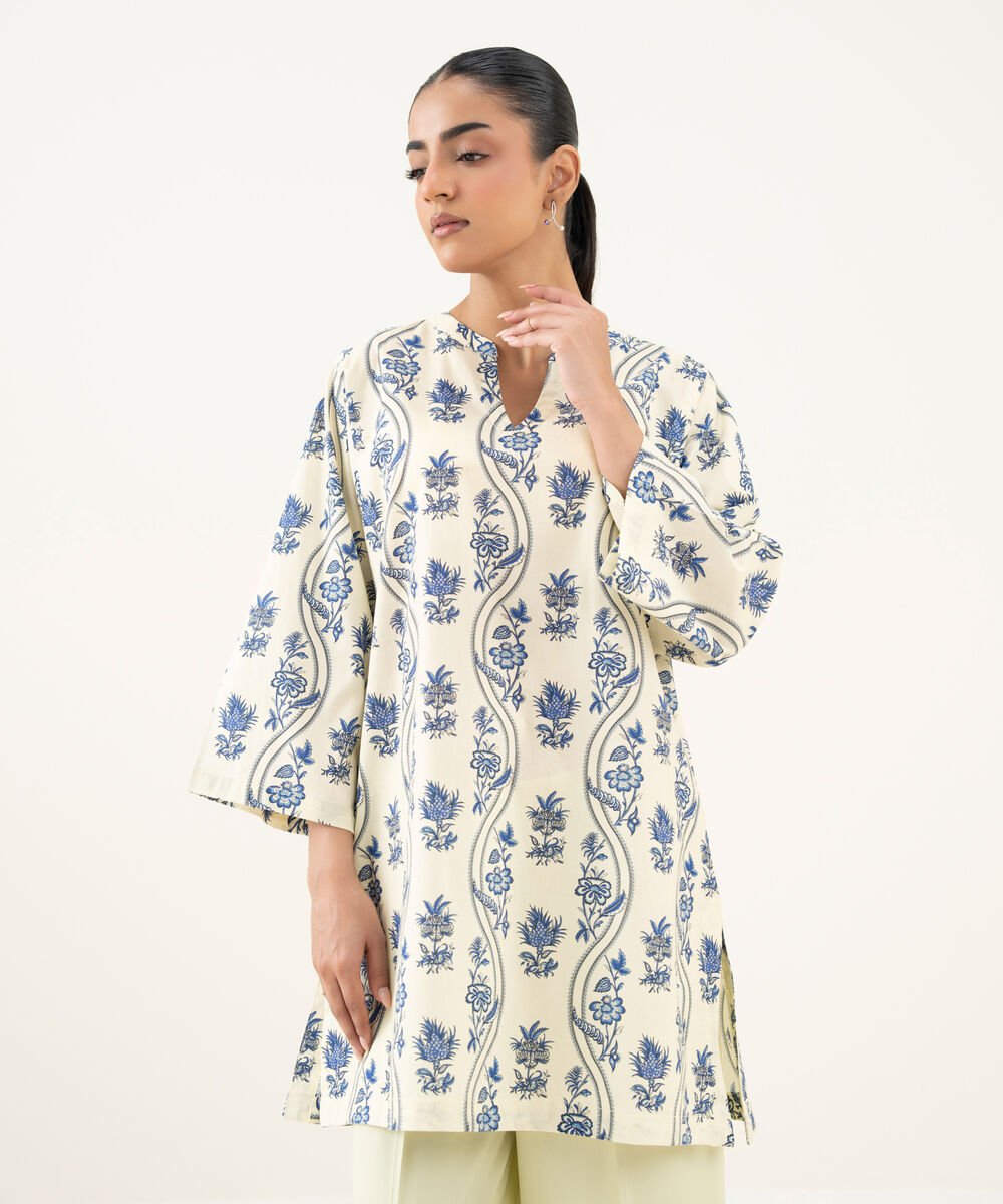 Women's RTW Cambric Printed Off White Straight Shirt