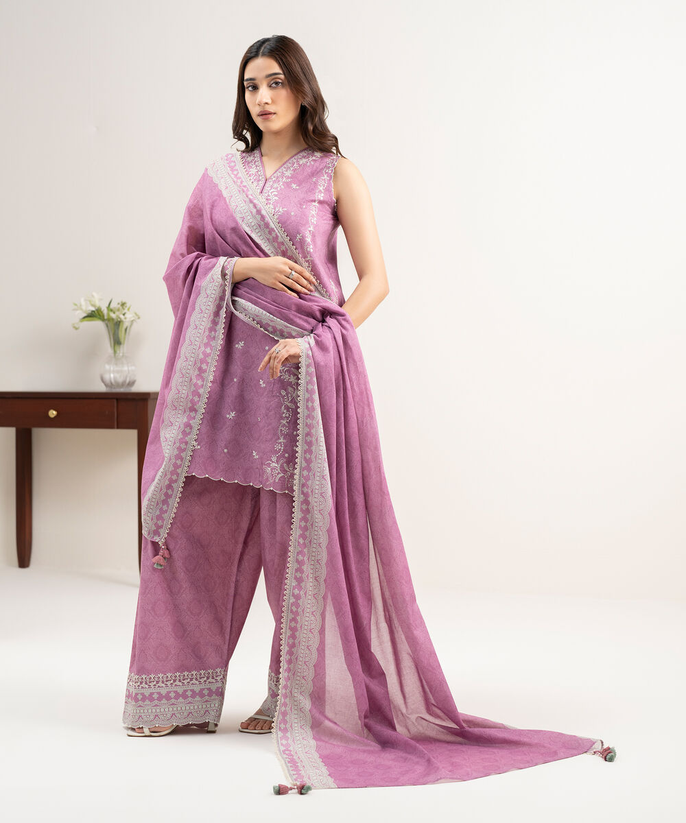 Women's Unstitched Lawn Embroidered Pink 3 Piece Suit