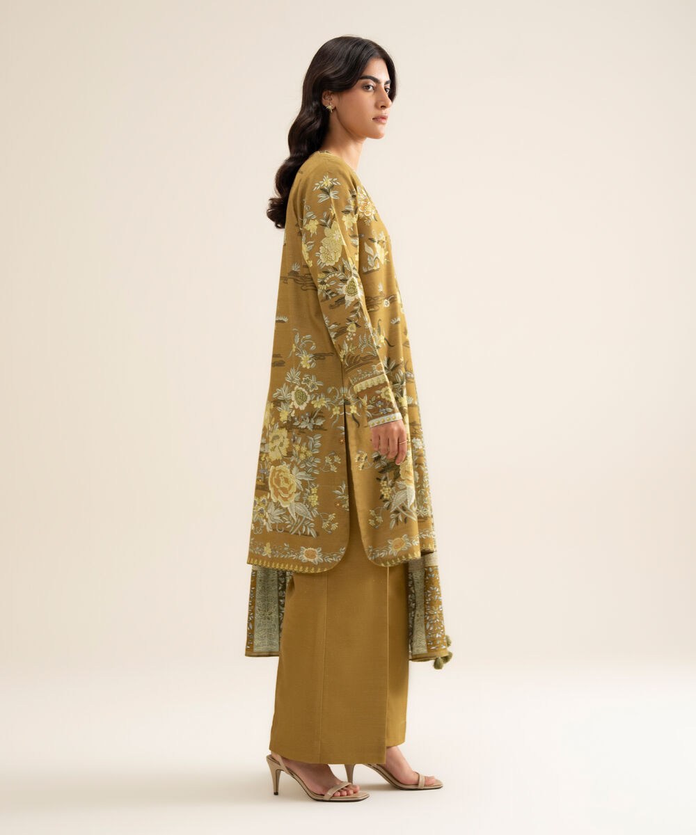 Women's Unstitched Premium Khaddar Printed Olive Green 3 Piece Suit