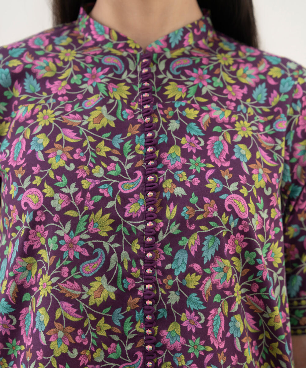 Women's Unstitched Cotton Printed Purple 3 Piece Suit