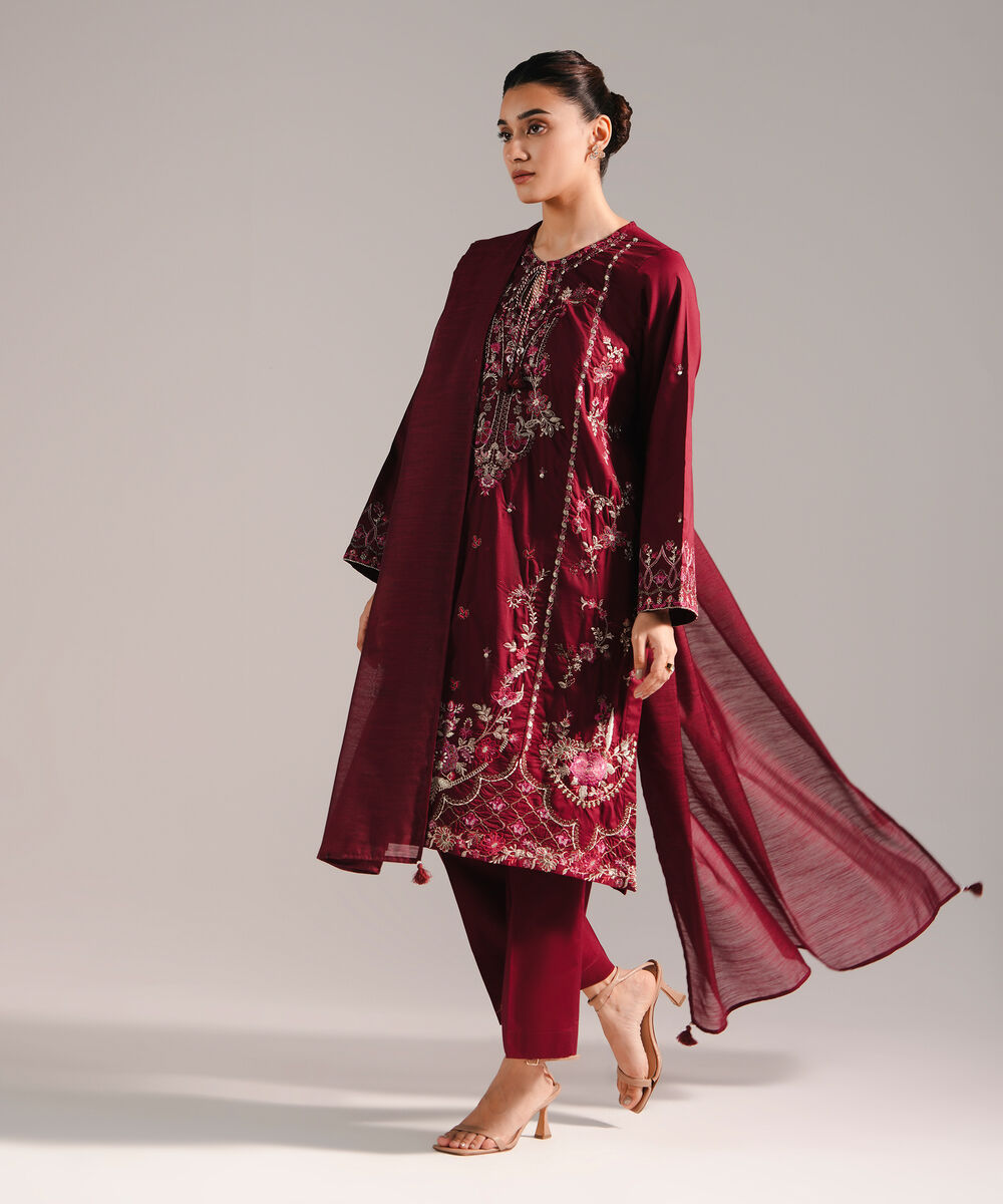 Women's RTW Lawn Embroidered Deep Maroon 3 Piece Suit