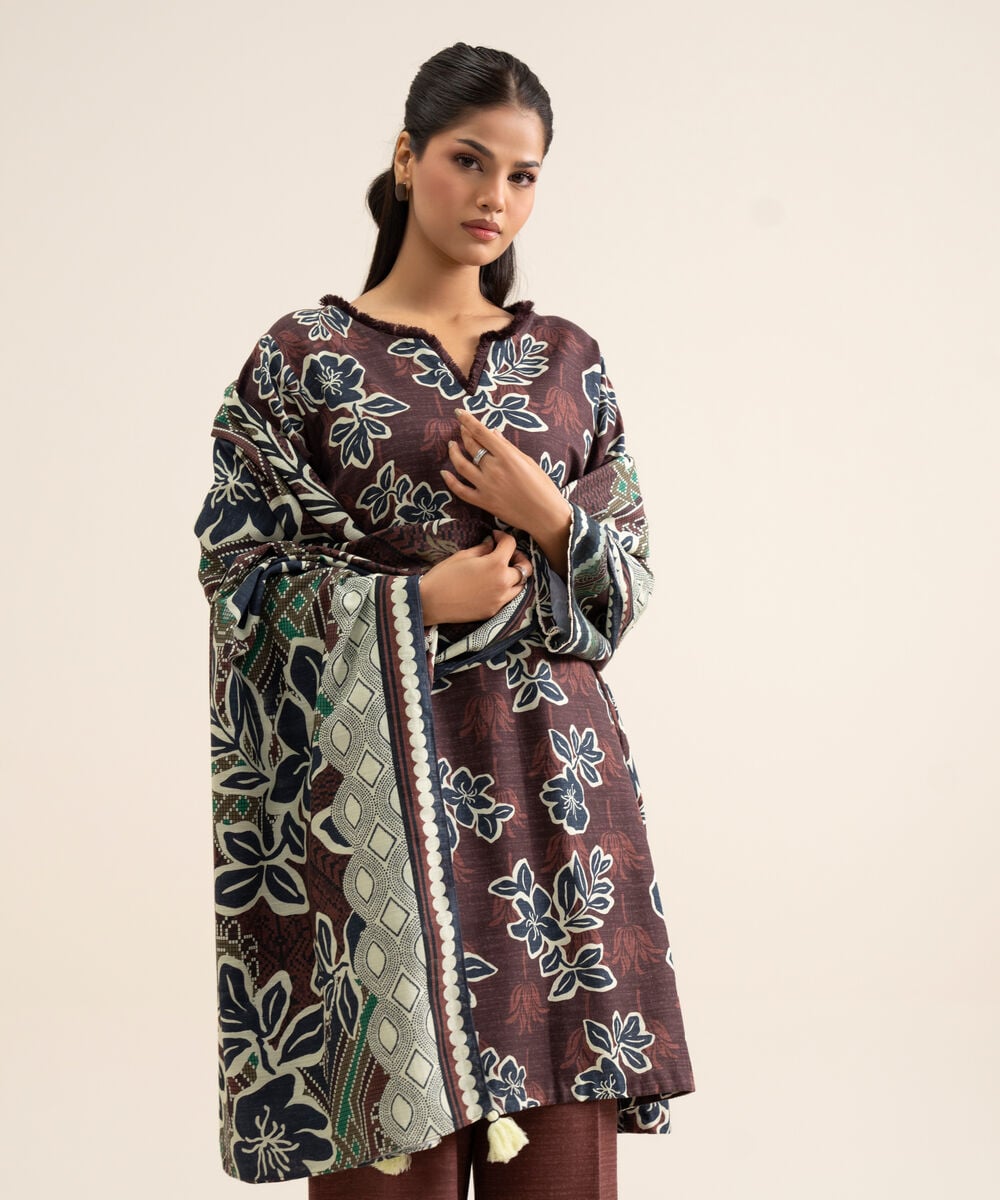 Women's Unstitched Light Khaddar Printed Brown 3 Piece Suit