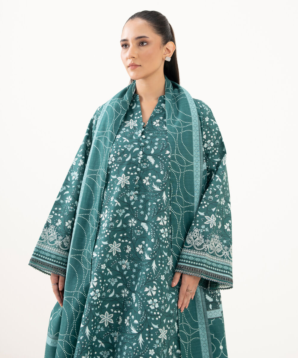 Women's Unstitched Light Khaddar Embroidered Green 3 Piece Suit