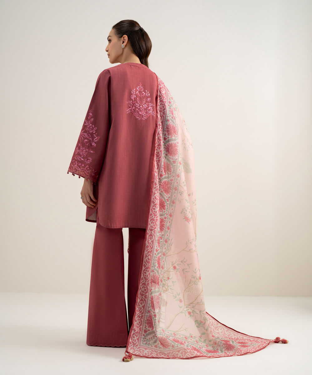 Women's Unstitched Dobby Embroidered Red 3 Piece Suit