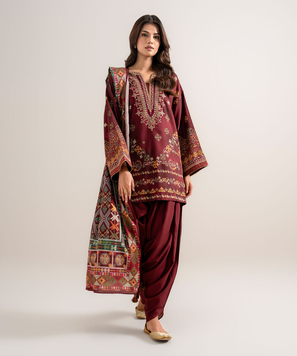 Women's Unstitched Printed Linen Maroon 3 Piece Suit