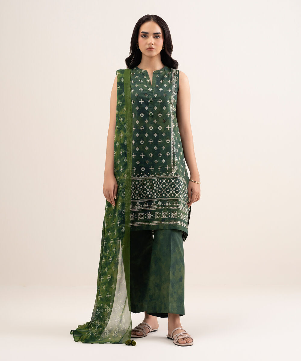 Women's Unstitched Lawn Printed Green 3 Piece Suit