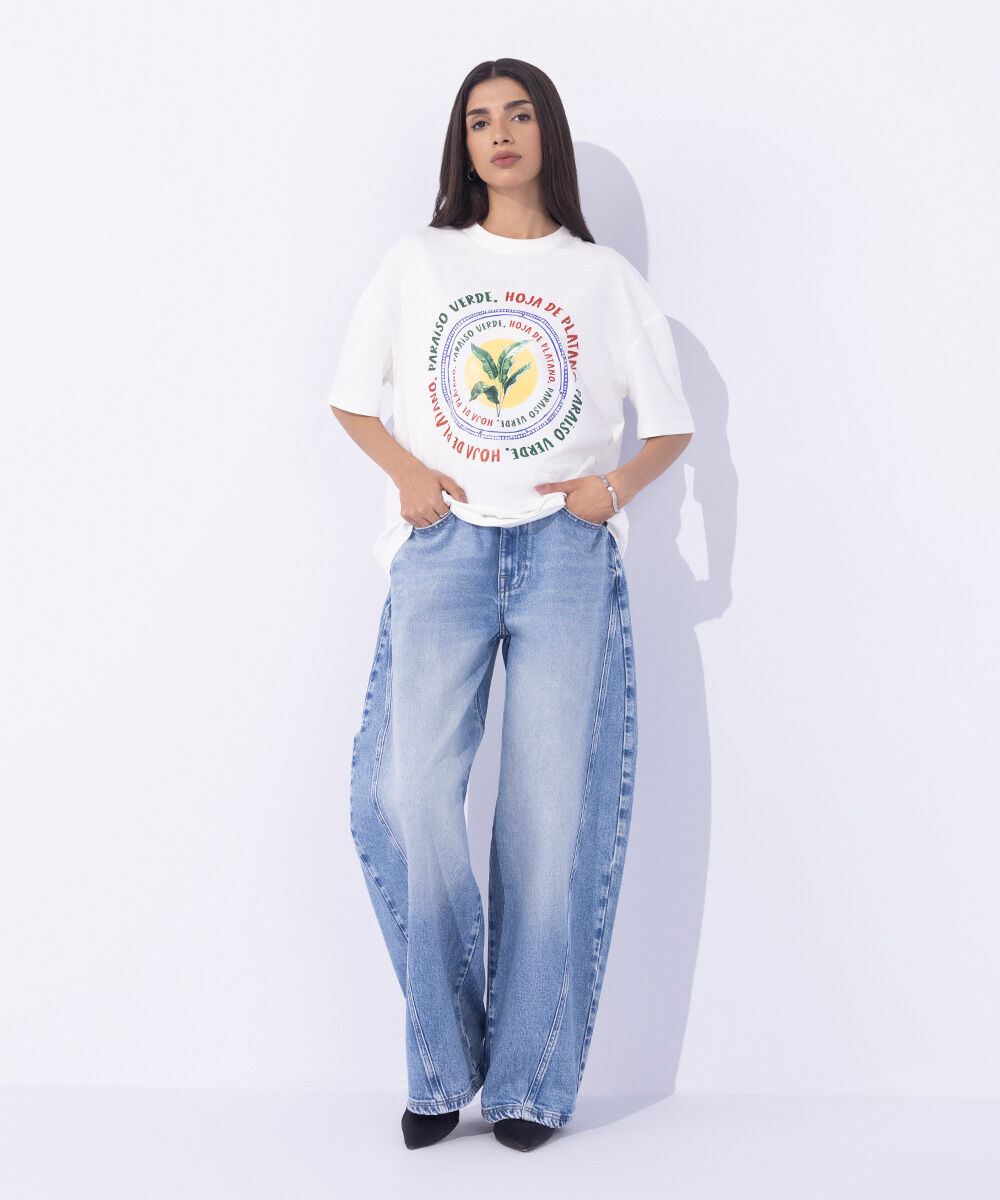 Women's Western Wear White Loose Fit Graphic T-Shirt