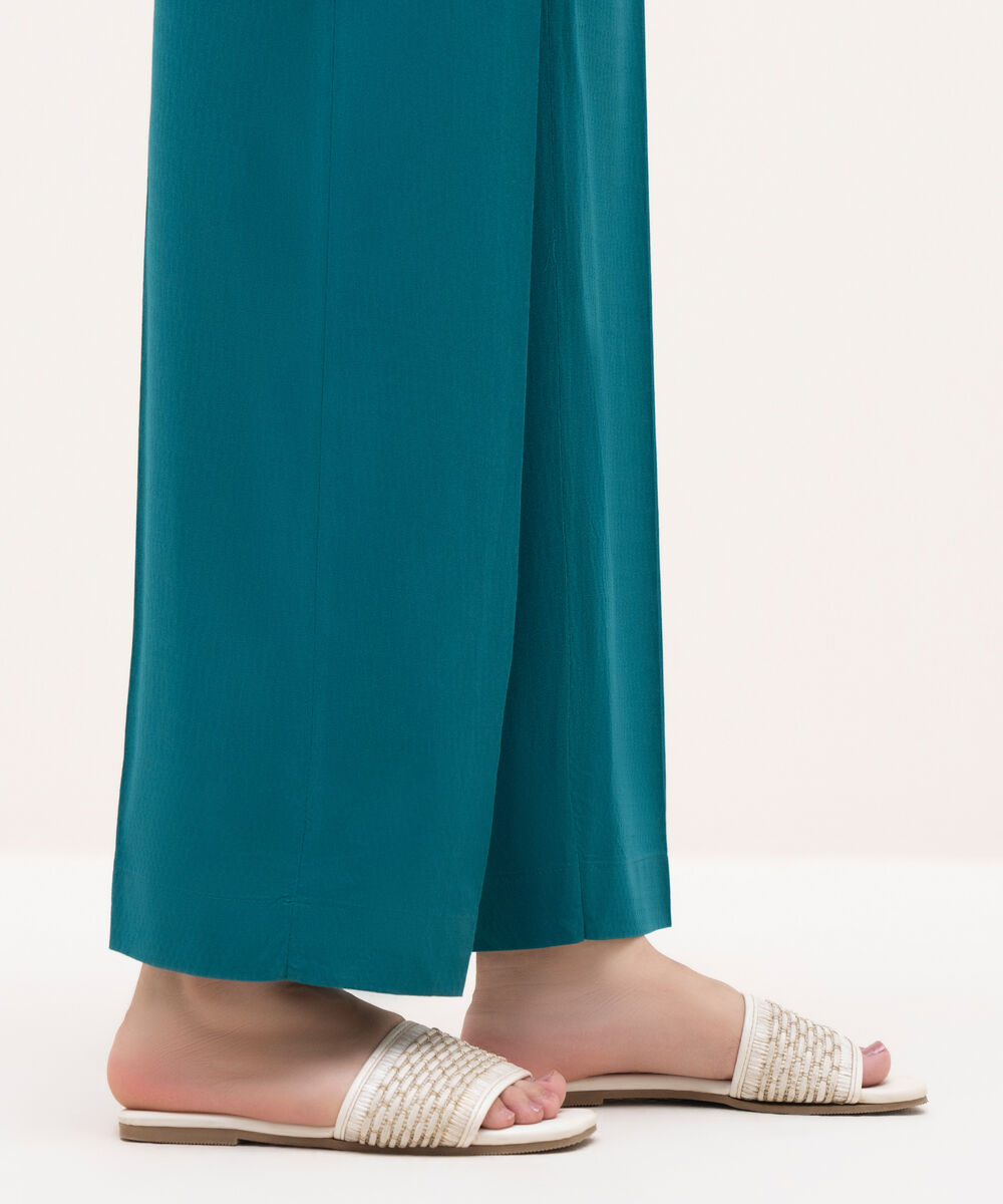 Women's RTW Textured Cotton Blue Solid Straight Pants