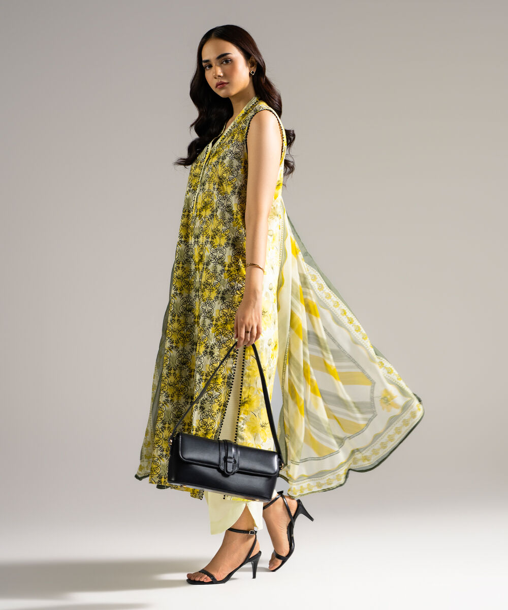 Women's RTW Dobby Embroidered Yellow 3 Piece Suit
