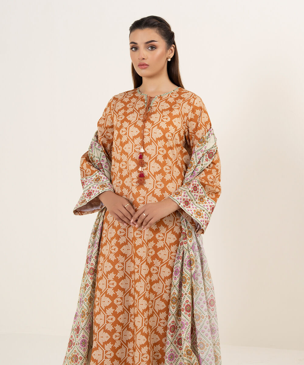 Women's Unstitched Lawn Printed Rust 3 Piece Suit