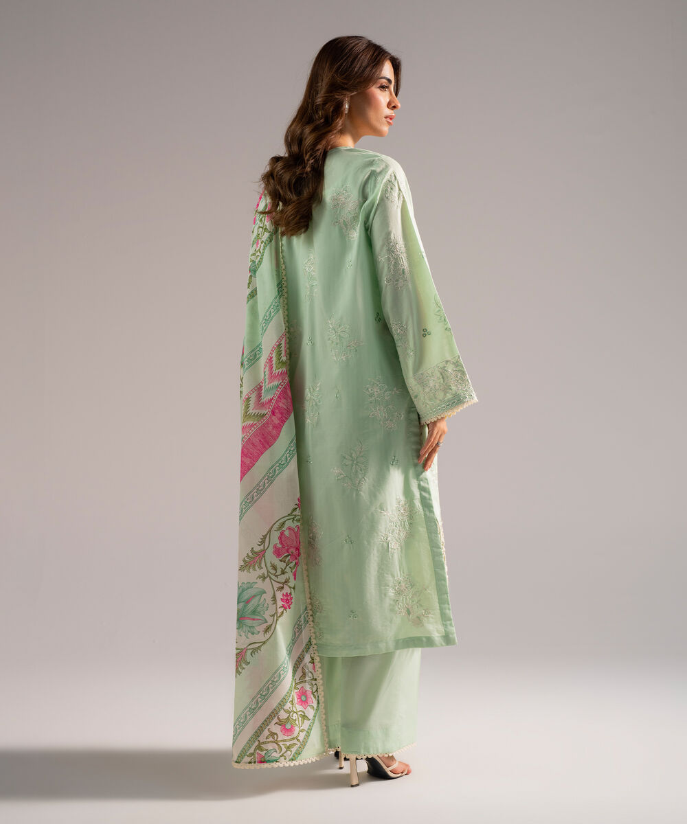 Women's RTW Textured Cotton Embroidered Green 3 Piece Suit