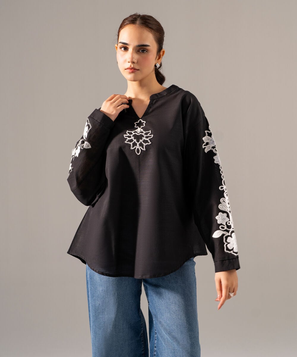 Women's RTW Khaddar Solid Embroidered Black Drop Shoulder Shirt
